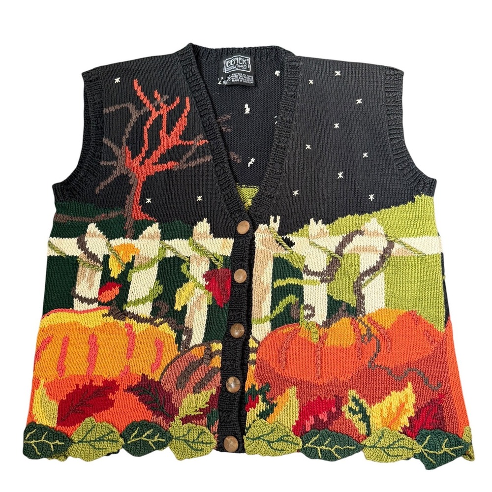 Berek Vintage Pumpkin‎ Fall Sweater Vest Womens S Black Hand Knitted Cottagecore